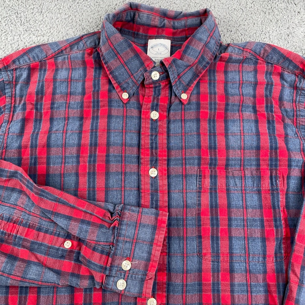 Brooks Brothers Shirt Mens Large Blue Red Plaid Slim Fit Poplin Lightweight
